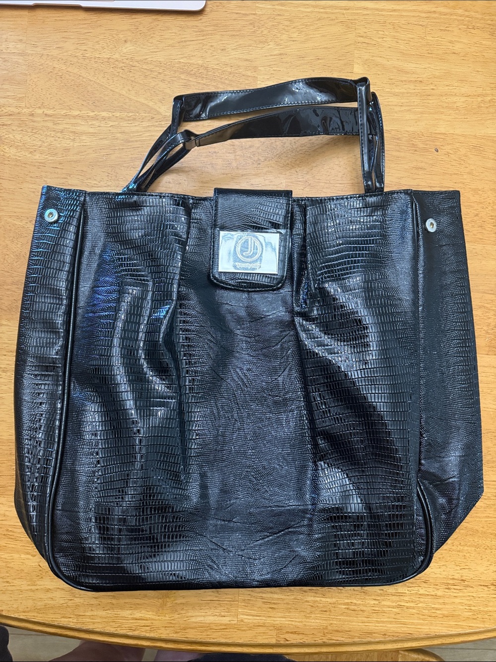 Black Faux Leather Tote Bag with Textured Finish